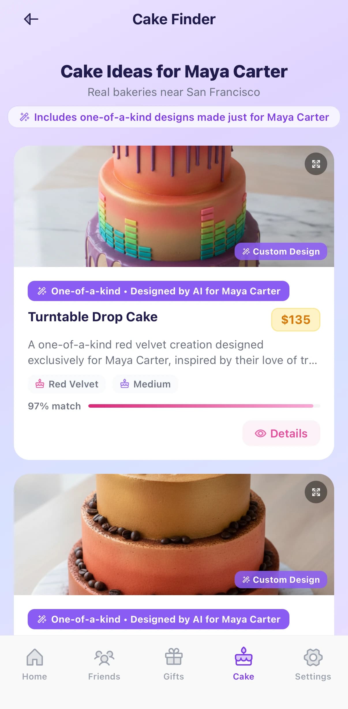 GiftPlannerAI — finished custom cake designs for the friend