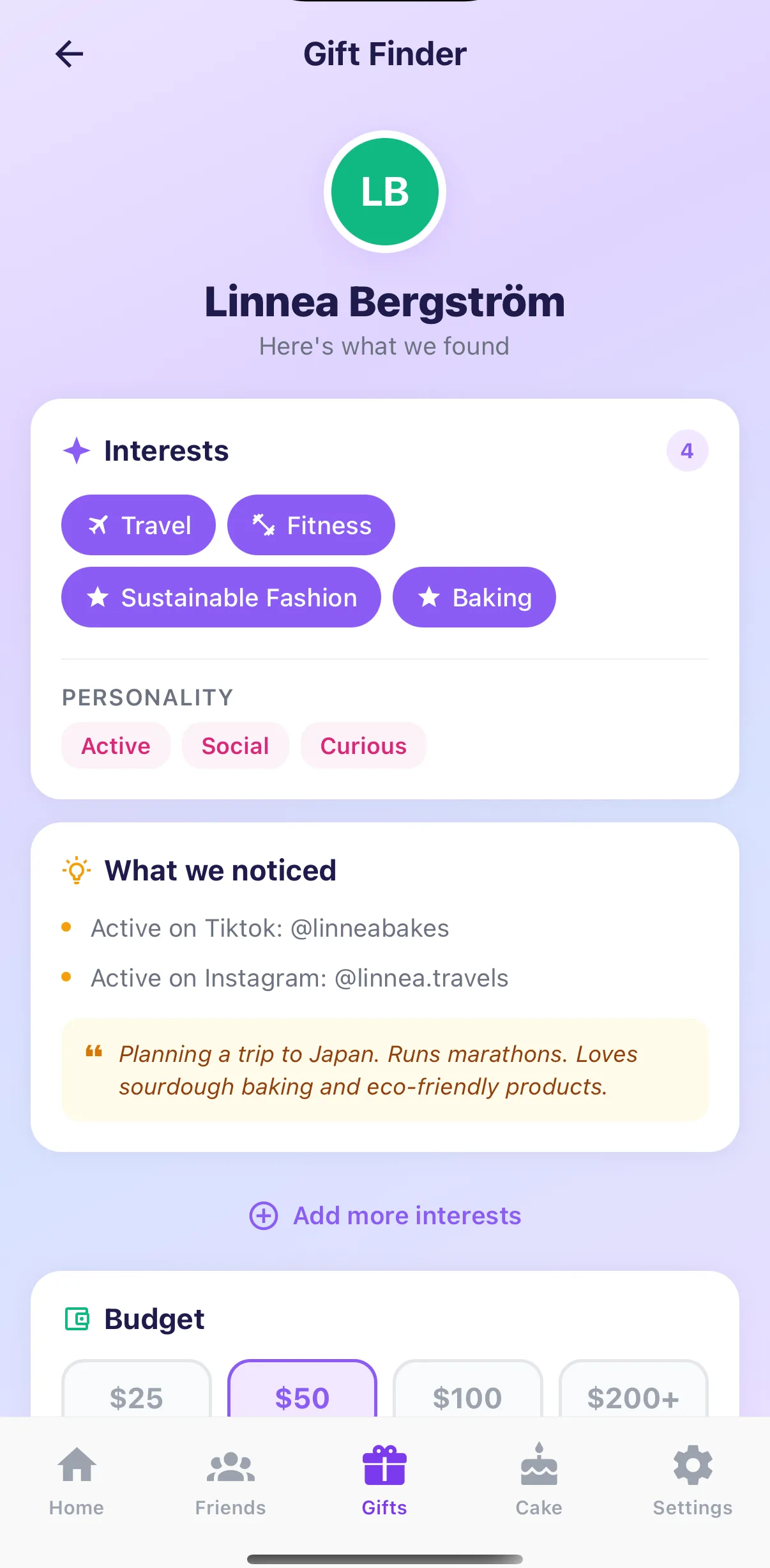 GiftPlannerAI — AI analysis of a friend's interests