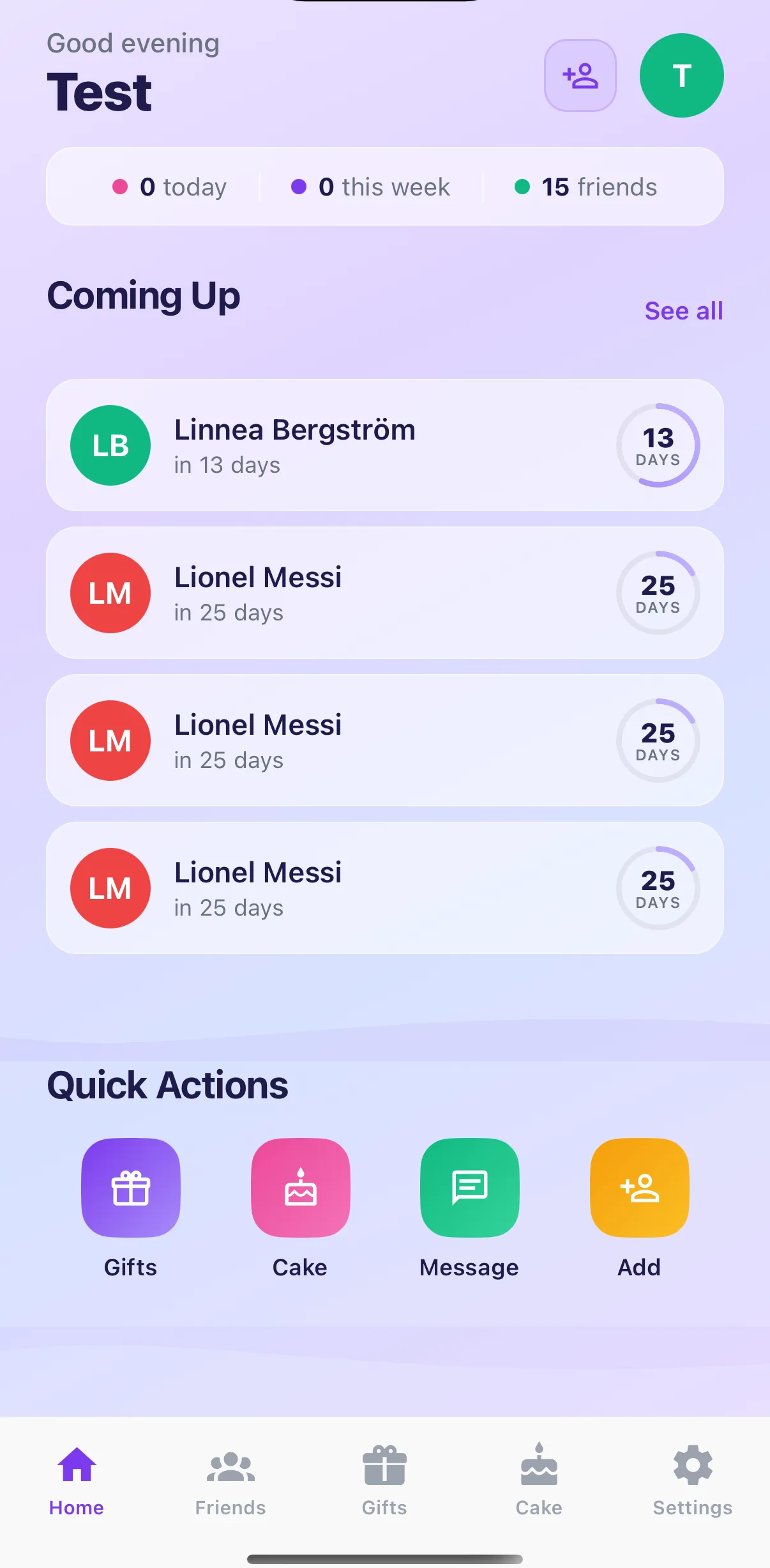 GiftPlannerAI — upcoming birthdays on the home screen
