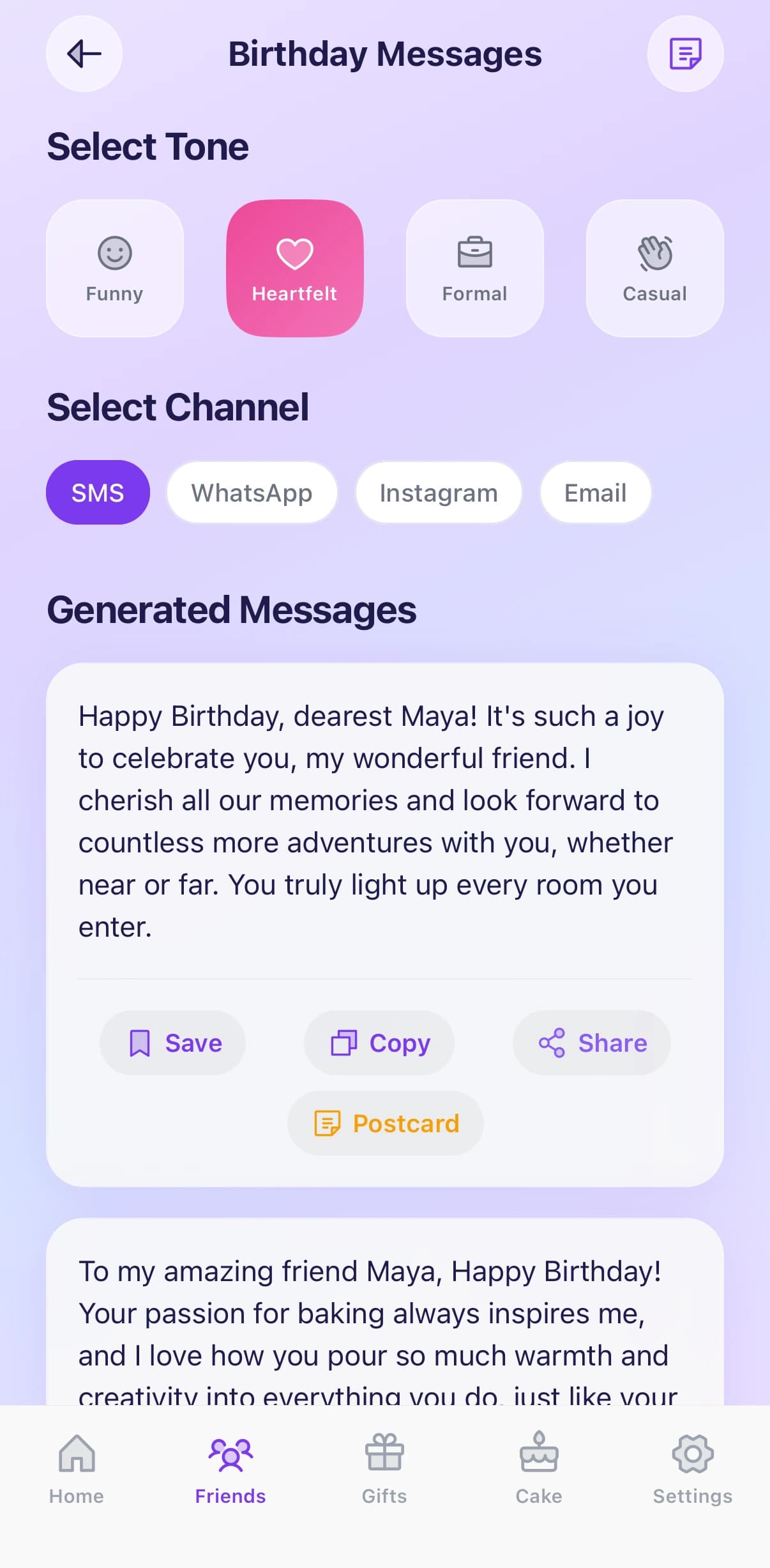 GiftPlannerAI — birthday messages written for a friend
