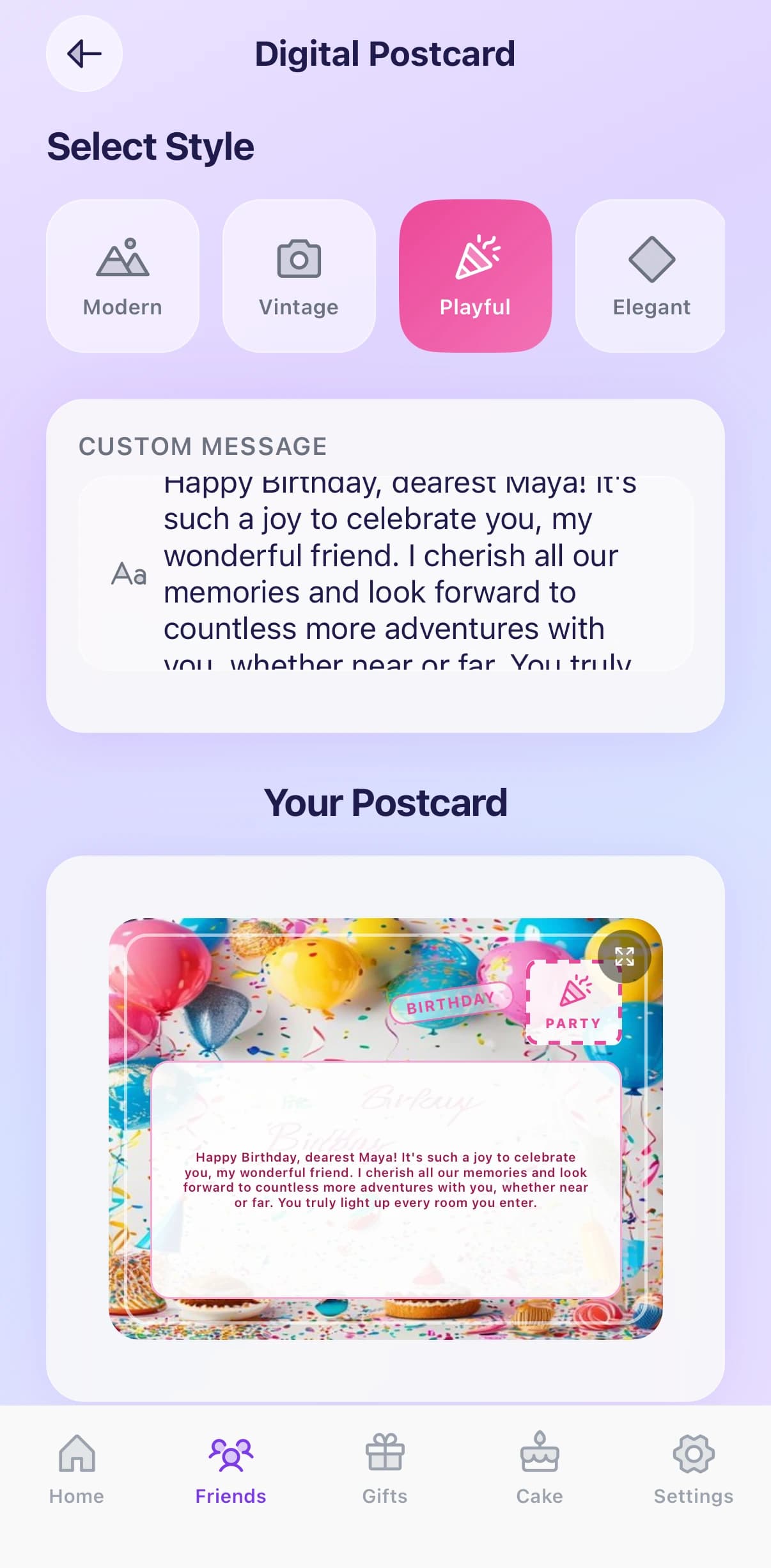 GiftPlannerAI — a finished digital birthday postcard